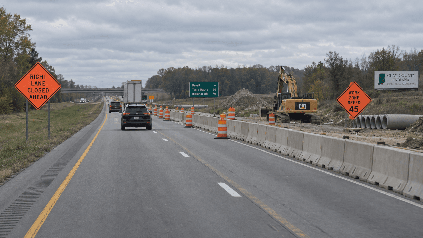 Active construction zone on Interstate 70 near Brazil in Clay County, where two semi tractor-trailers collided near mile marker 23.
