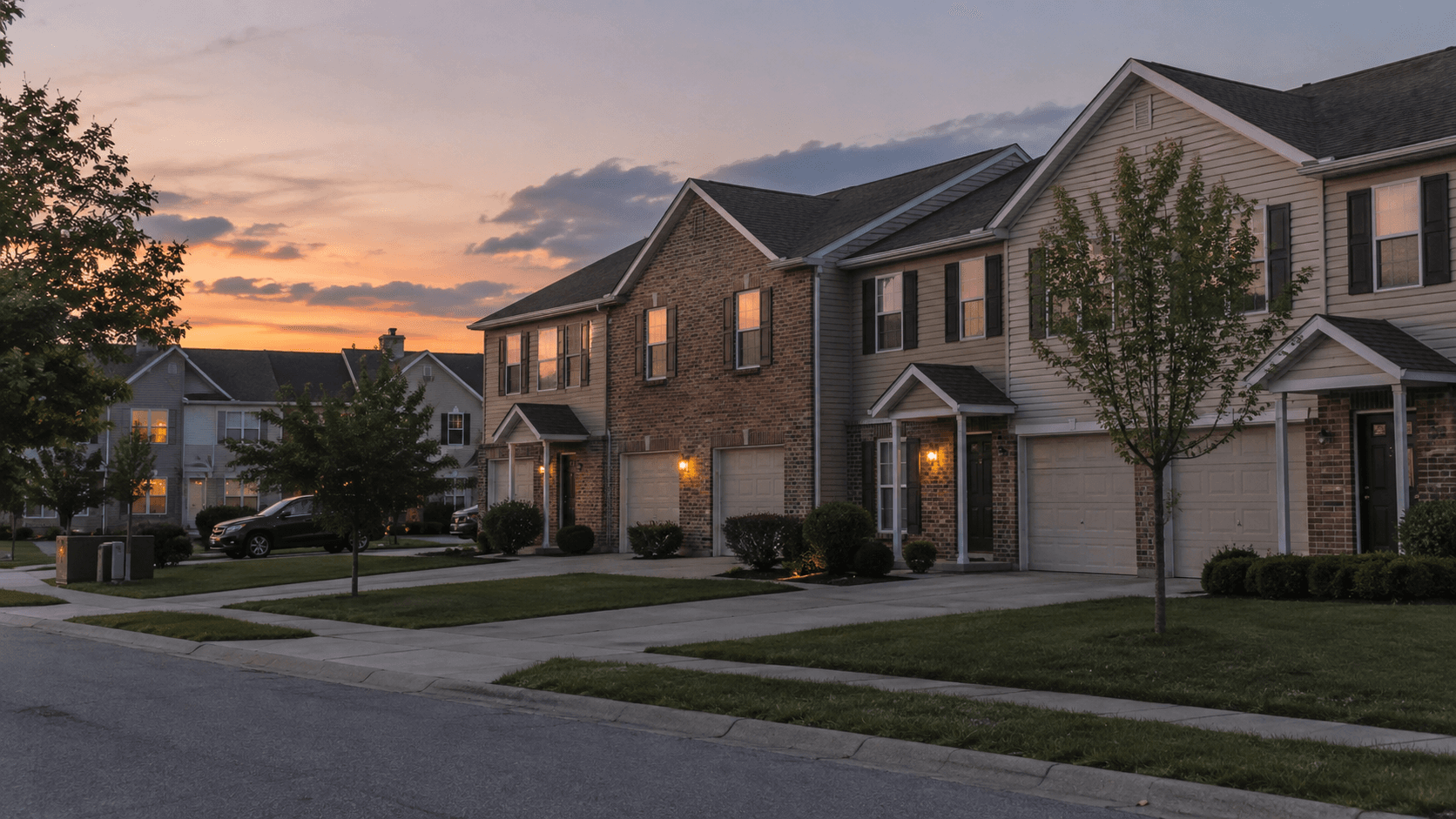 Townhome complex streetscape in Columbus, Indiana, providing location context for the reported fatal shooting on Country Brook Street North.