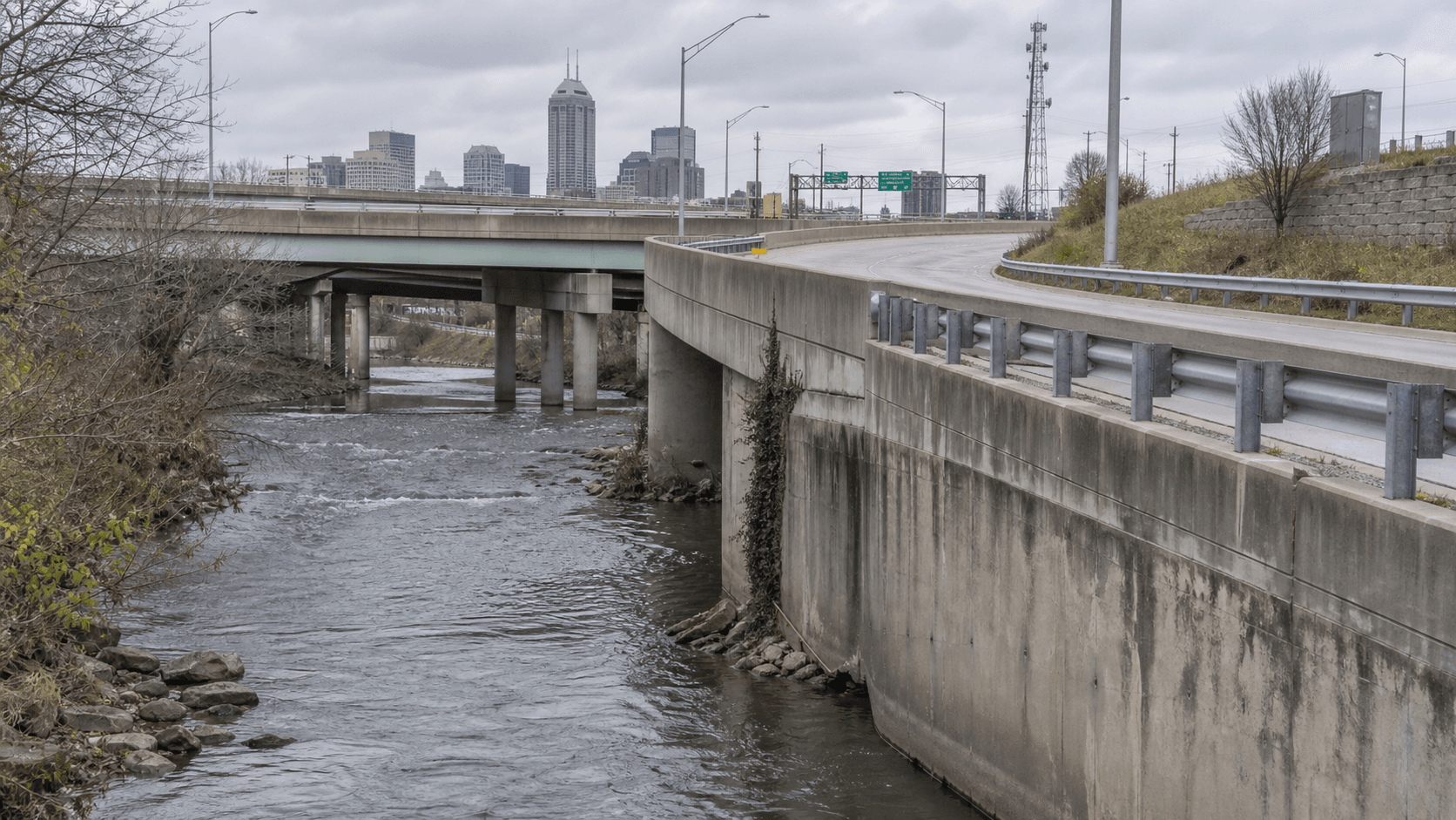Fall Creek beside the Interstate 65 ramp to West 21st Street in Indianapolis, near where a stolen car was reported submerged after a pursuit.