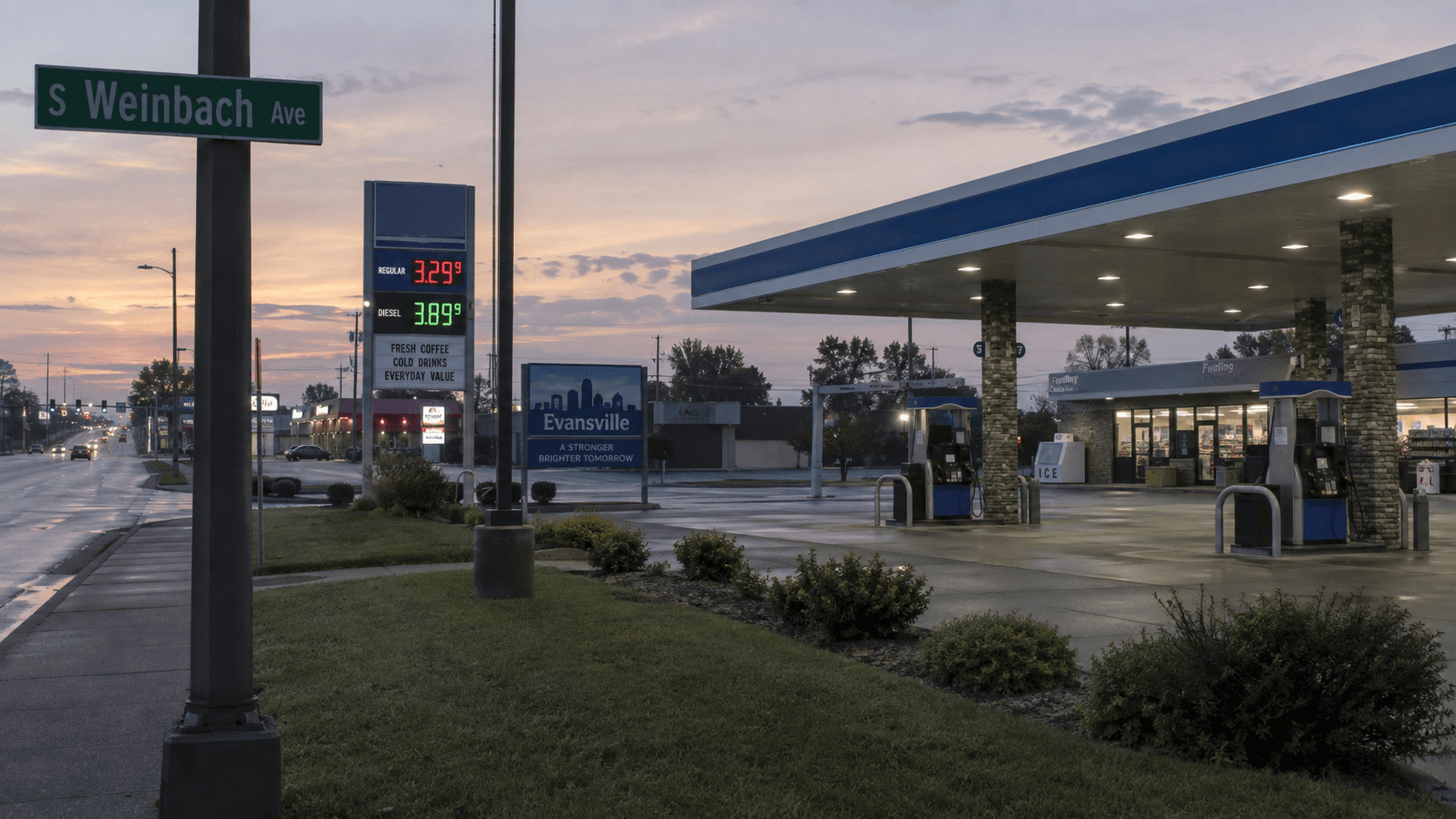 Gas station exterior on South Weinbach Avenue in Evansville, where police investigated a reported intentional vehicle collision and pepper-spray incident.