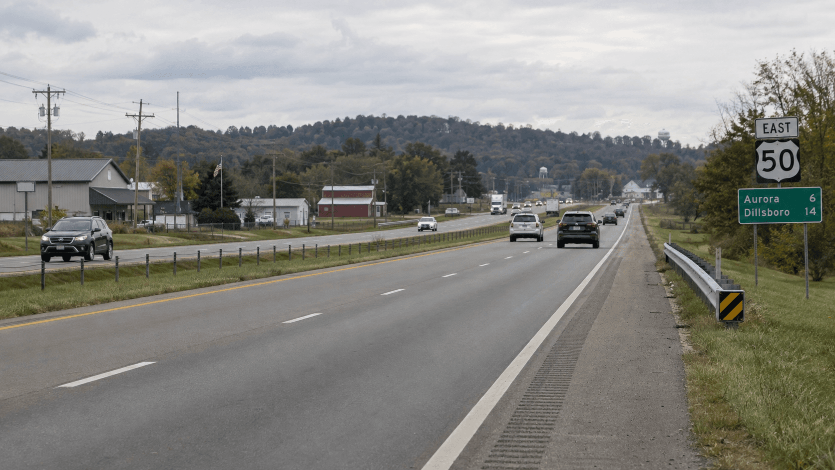 U.S. 50 en el condado de Dearborn, cerca de Aurora y Dillsboro, el corredor donde, según informes, una persecución de Indiana State Police terminó en un vuelco.