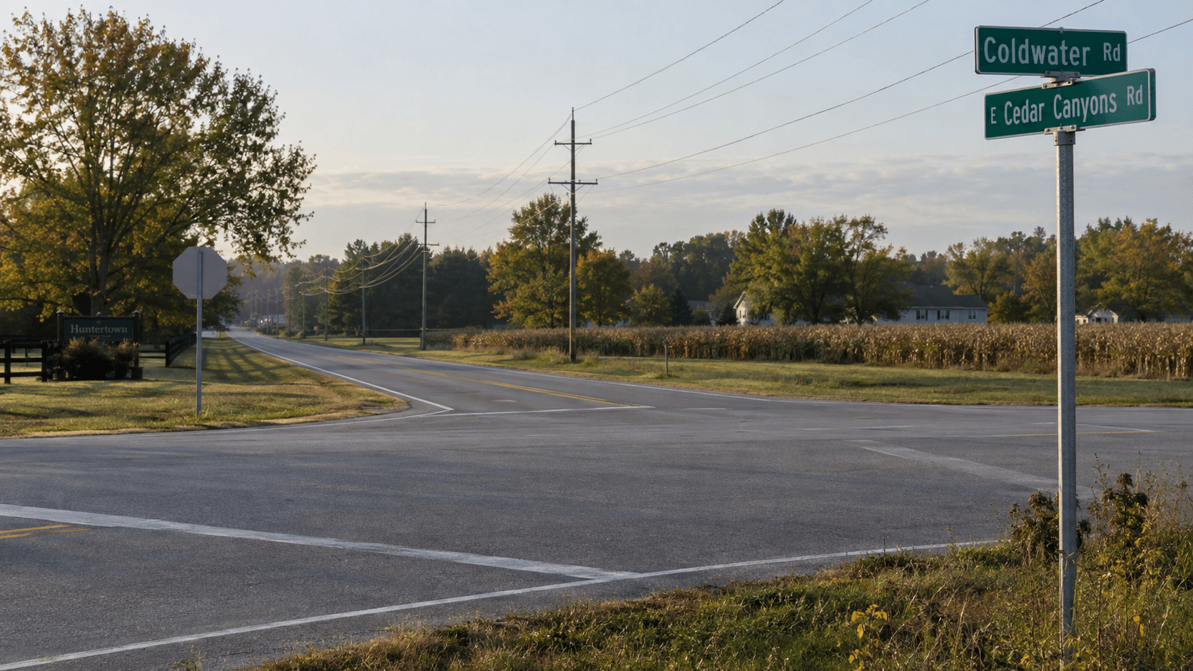Coldwater Road and East Cedar Canyons Road intersection in Huntertown, the location of the fatal Allen County head-on crash.