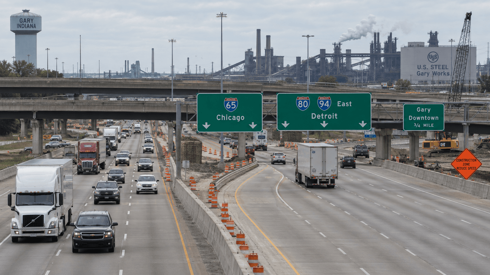 Interstate 65 and Interstate 80 interchange in Gary, Lake County, where a state trooper was injured in a reported construction-zone hit-and-run.