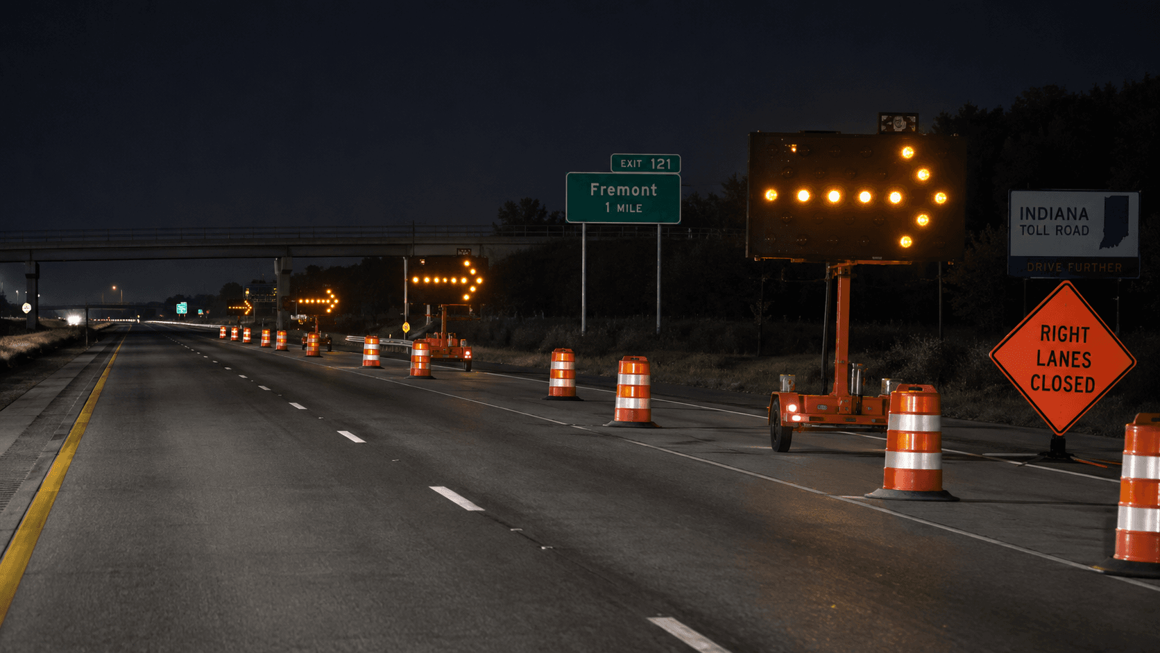 An overnight work zone on the Indiana Toll Road near Fremont in Steuben County, where four semi tractor-trailers were involved in a crash.