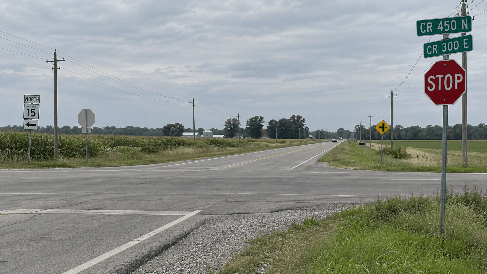 North State Road 15 and a county road intersection near Leesburg in Kosciusko County, representing the location of a reported rear-end crash.