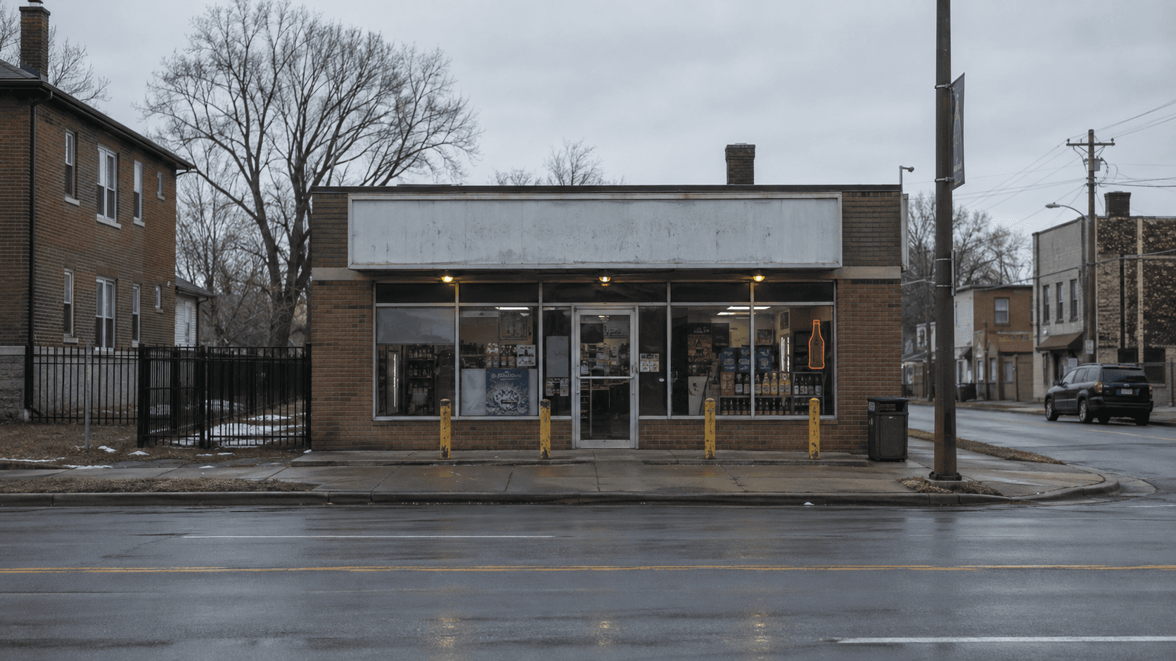 Commercial storefront streetscape in East Chicago, Lake County, illustrating reporting about the fatal shooting outside a liquor store.