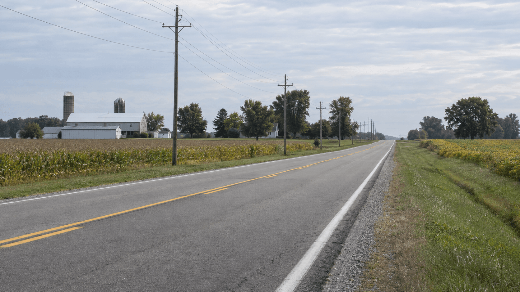 Corredor de State Road 25 en el condado de Cass, Indiana, que ilustra el lugar donde se informó de un choque de un solo vehículo contra un poste de servicios públicos.