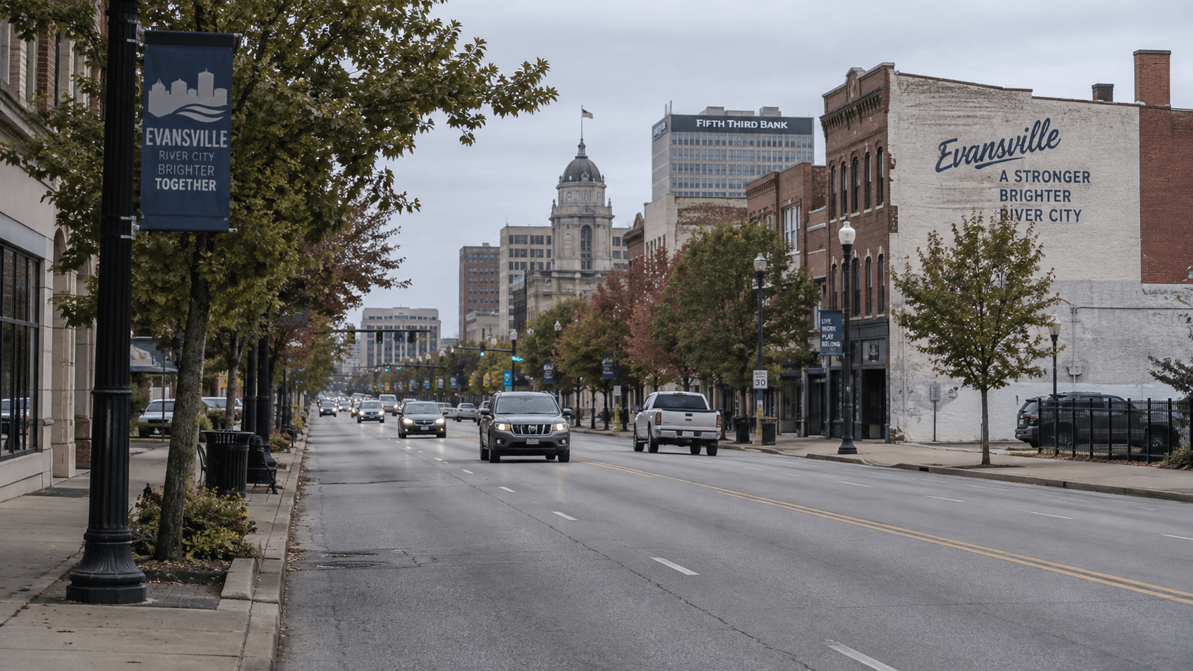 North First Avenue streetscape in Evansville, Vanderburgh County, where a moped rider was reportedly pursued before an alleged hit-and-run and assault.