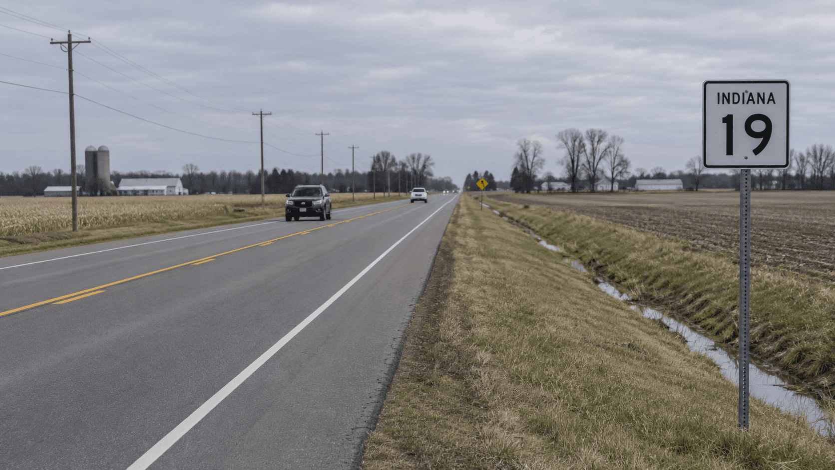 State Road 19 al sur de Nappanee en Kosciusko County, donde un choque en estado de ebriedad y fuga que involucró una calesa tirada por caballos dio lugar a declaraciones de culpabilidad por seis delitos graves.