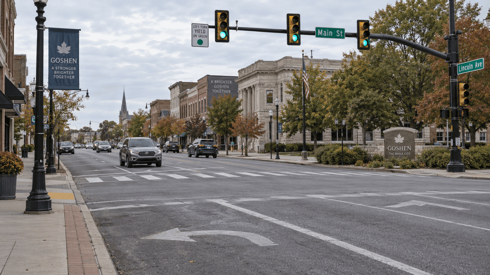 Daylight city intersection in Goshen, Indiana, illustrating the setting of the reported Washington Street and 3rd Street crash.