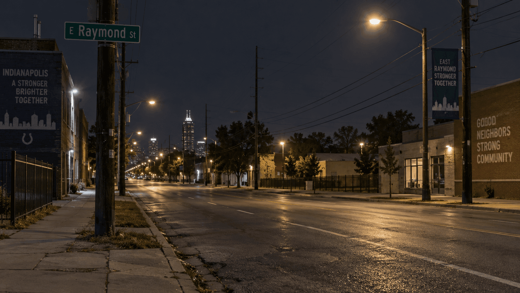 East Raymond Street at night in Indianapolis, where a motorcycle and pickup truck collision injured a rider in Marion County.