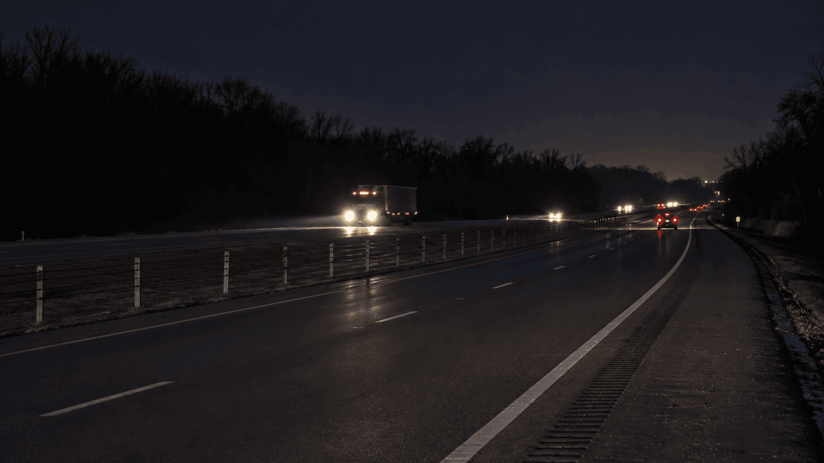 Interstate 69 and its cable median barrier near Waterloo in DeKalb County, the area of a reported deer-avoidance crash.