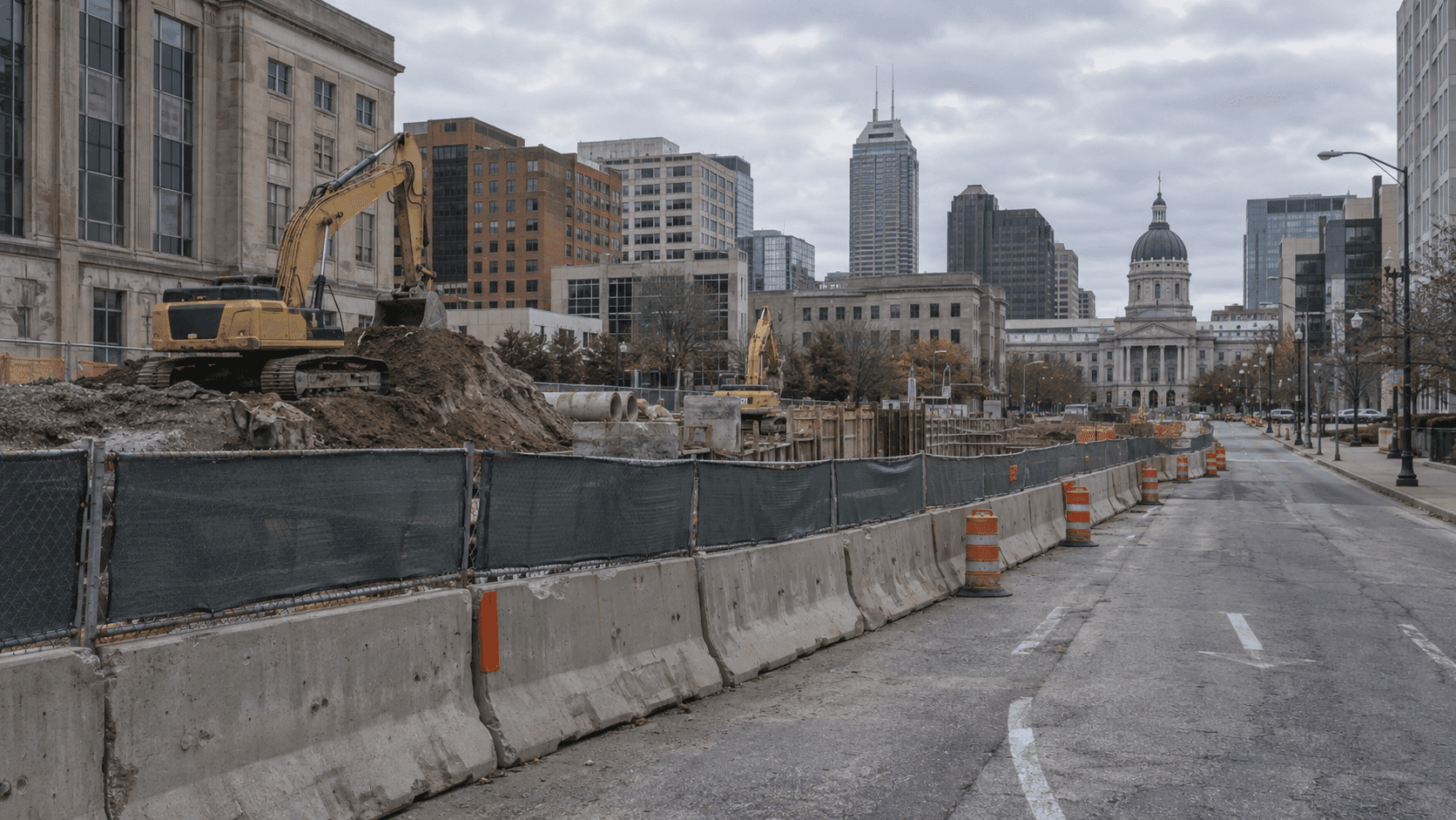 Zona de construcción junto a West Washington Street en Indianapolis, donde un trabajador fue rescatado tras el colapso de una zanja en Marion County.