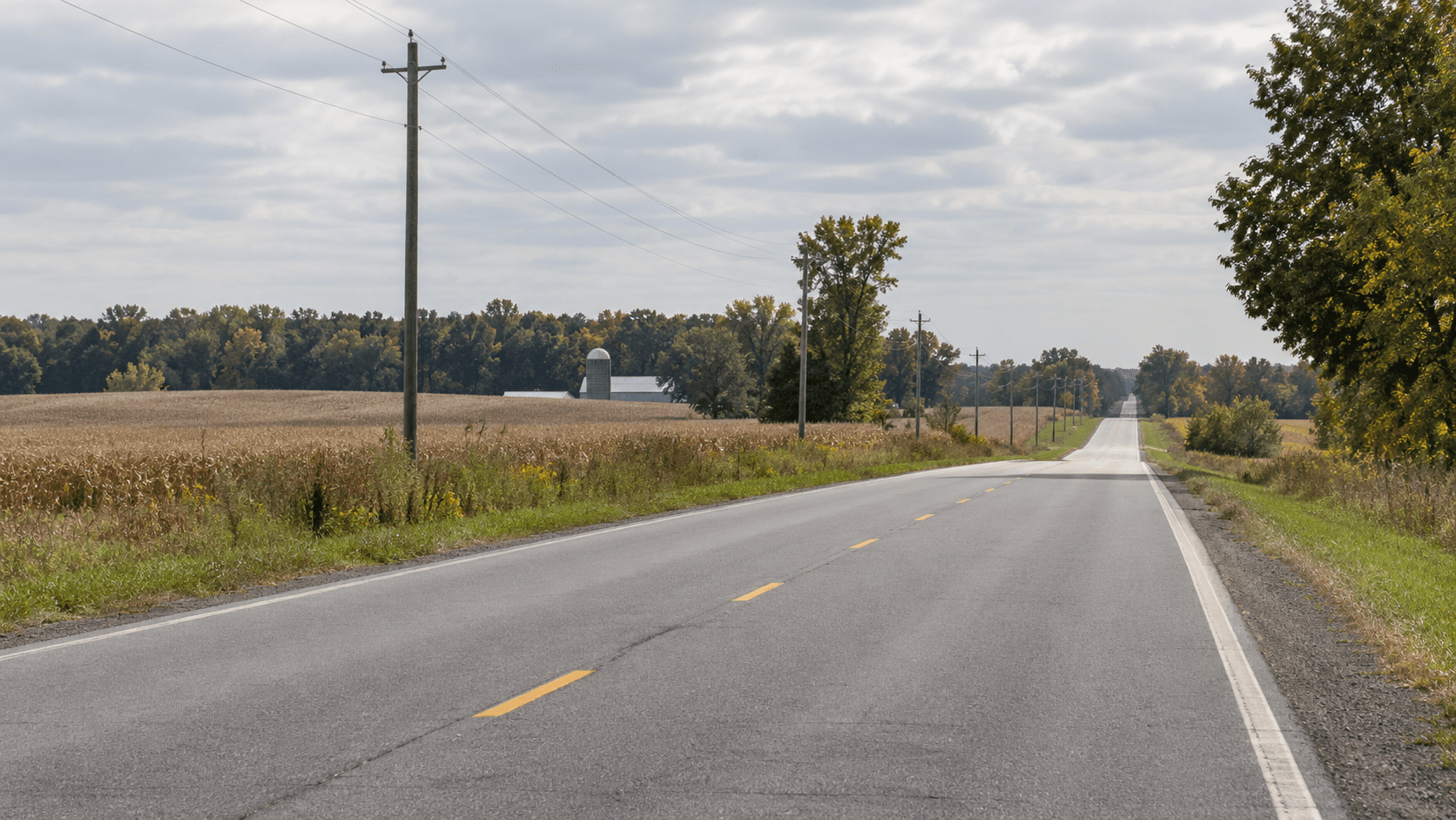 A rural two-lane road in LaPorte County, representing the setting of the fatal head-on crash on North Fail Road.
