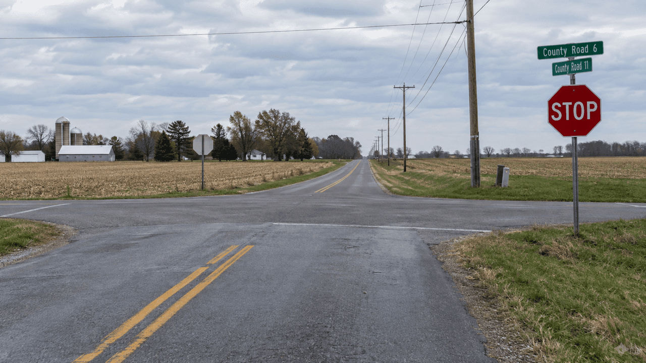Intersección de carreteras del condado en Harrison Township, condado de Elkhart, que representa el choque reportado en County Road 11 y County Road 40.