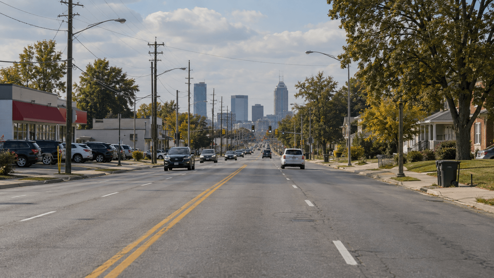 Southeastern Avenue streetscape in Indianapolis, Marion County, where a fatal police pursuit crash remains under investigation.