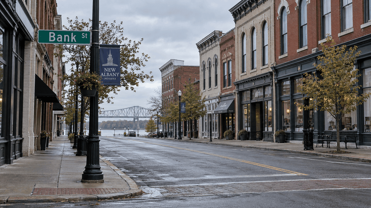 Downtown streetscape in New Albany, Indiana, providing context for the Floyd County case tied to the 2025 Bank Street shooting.
