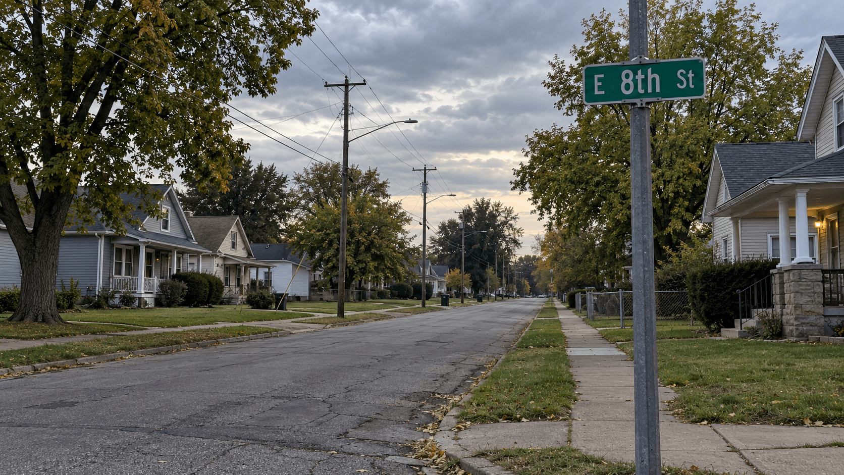 Residential streetscape near East 8th Street in Muncie, Delaware County, where an alleged knife attack was reported.