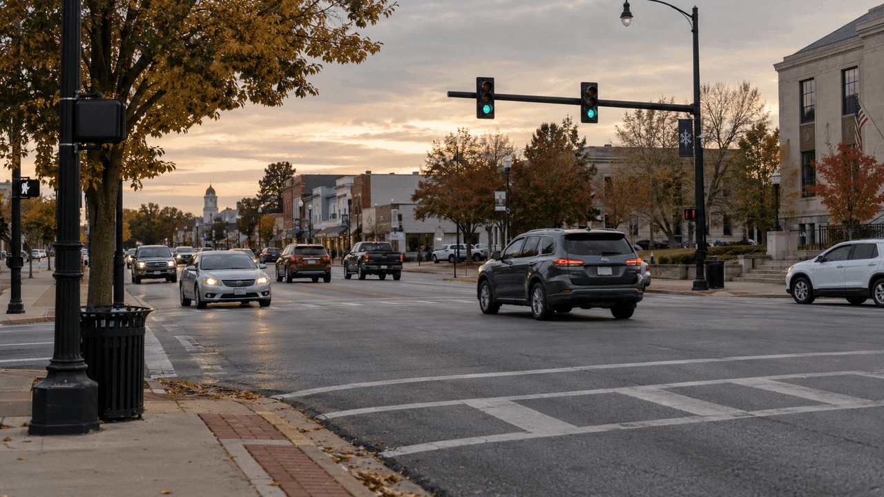 A typical Warsaw, Indiana intersection in late afternoon, representing the setting of the reported crash at East Clark Street and North Park Avenue.