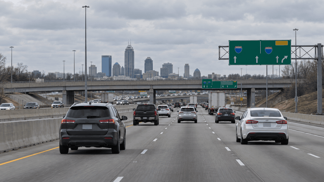 Interstate 465 near an Indianapolis interchange, providing location context for the Marion County school bus rollover investigation.
