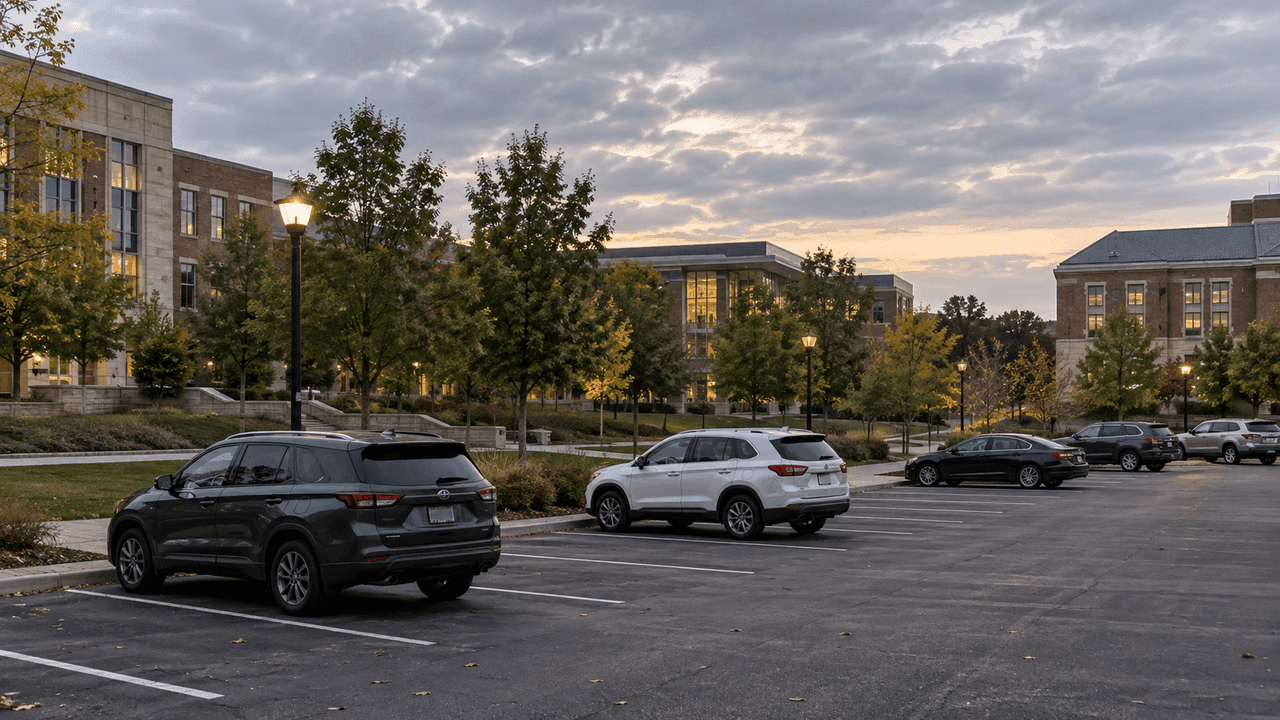 College campus parking area and tree line in Lafayette, Indiana, representing the reported South Creasy Lane shooting location.