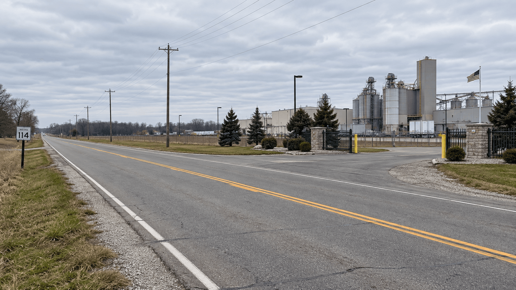 State Road 114 near a plant entrance east of Rensselaer in Jasper County, where a semi and SUV collision was reported.