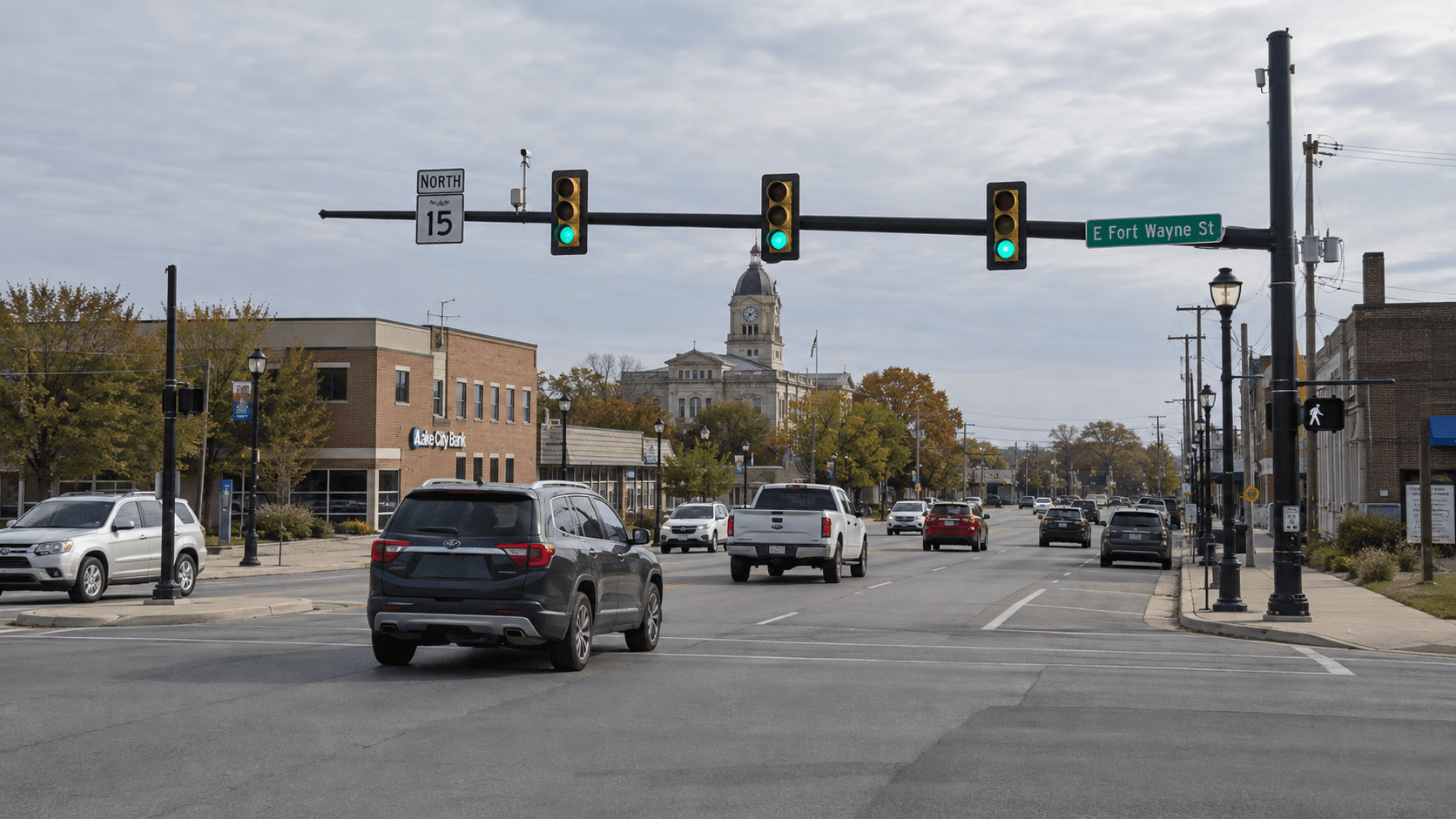 State Road 15 and East Fort Wayne Street intersection area in Warsaw, Kosciusko County, where a turning crash injured a passenger.