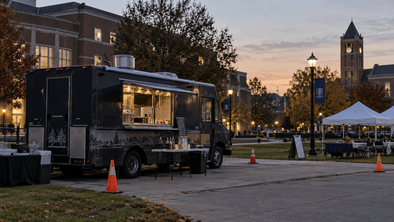 Food truck near a university event setting in Angola, Indiana, illustrating the reported hit-and-run near Trine University.