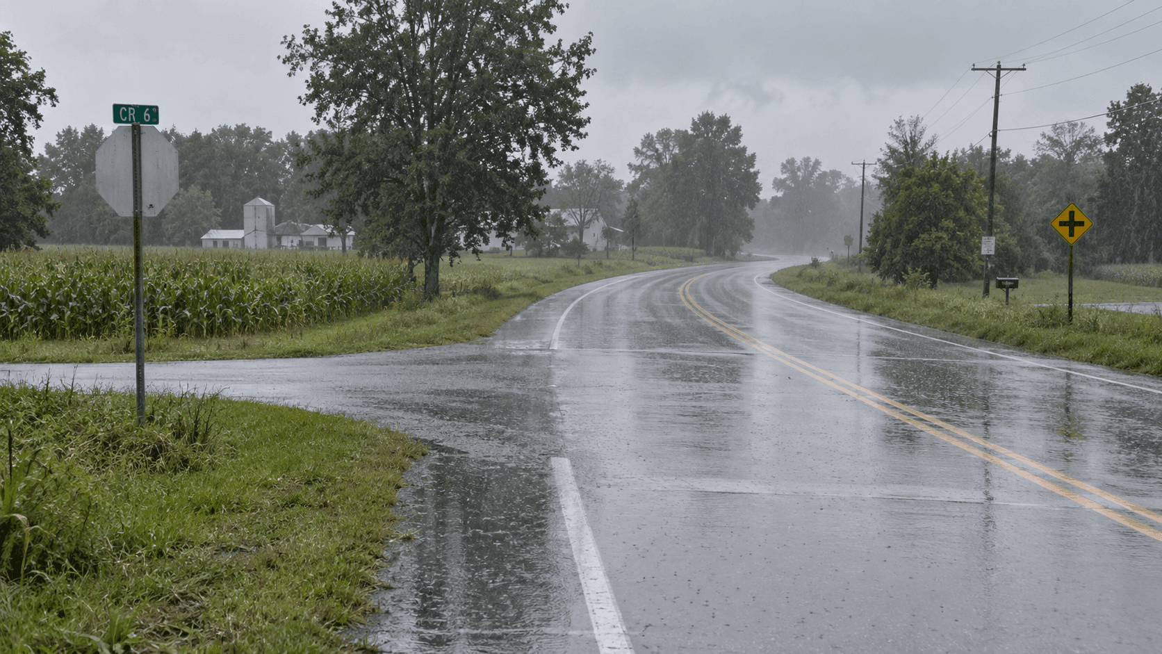 Rain-slick State Road 120 near a county-road junction in Elkhart County, illustrating the wet-road crash reported near County Road 17.