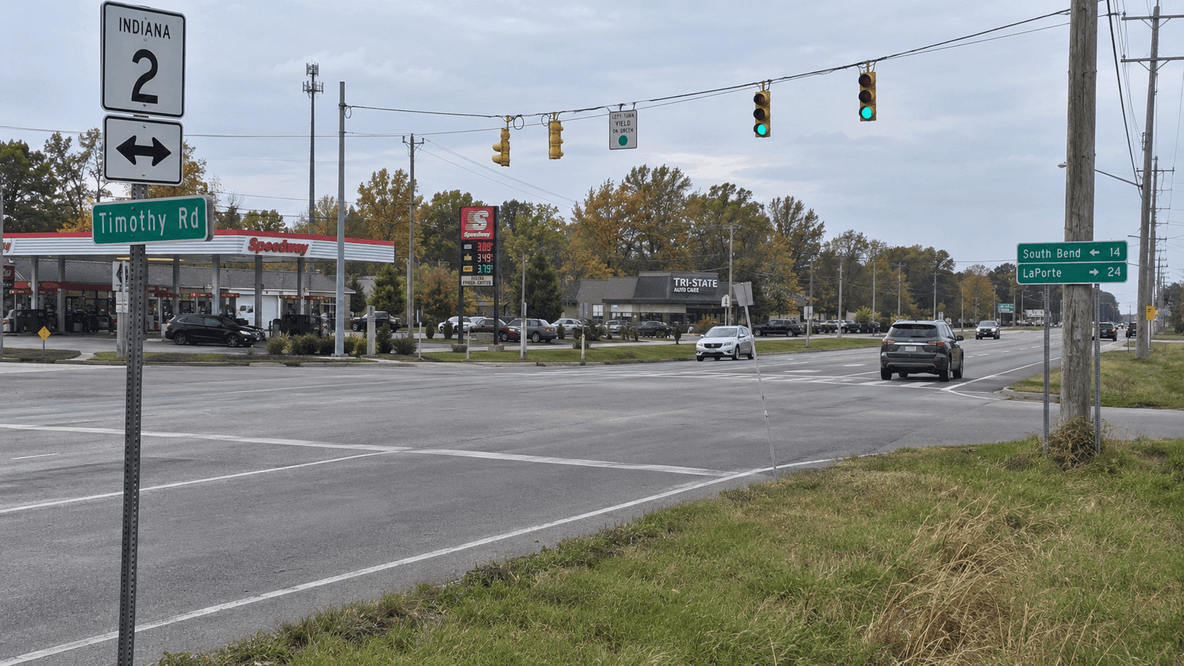 State Road 2 and Timothy Road intersection area in St. Joseph County, where a two-vehicle crash sent three people to the hospital.