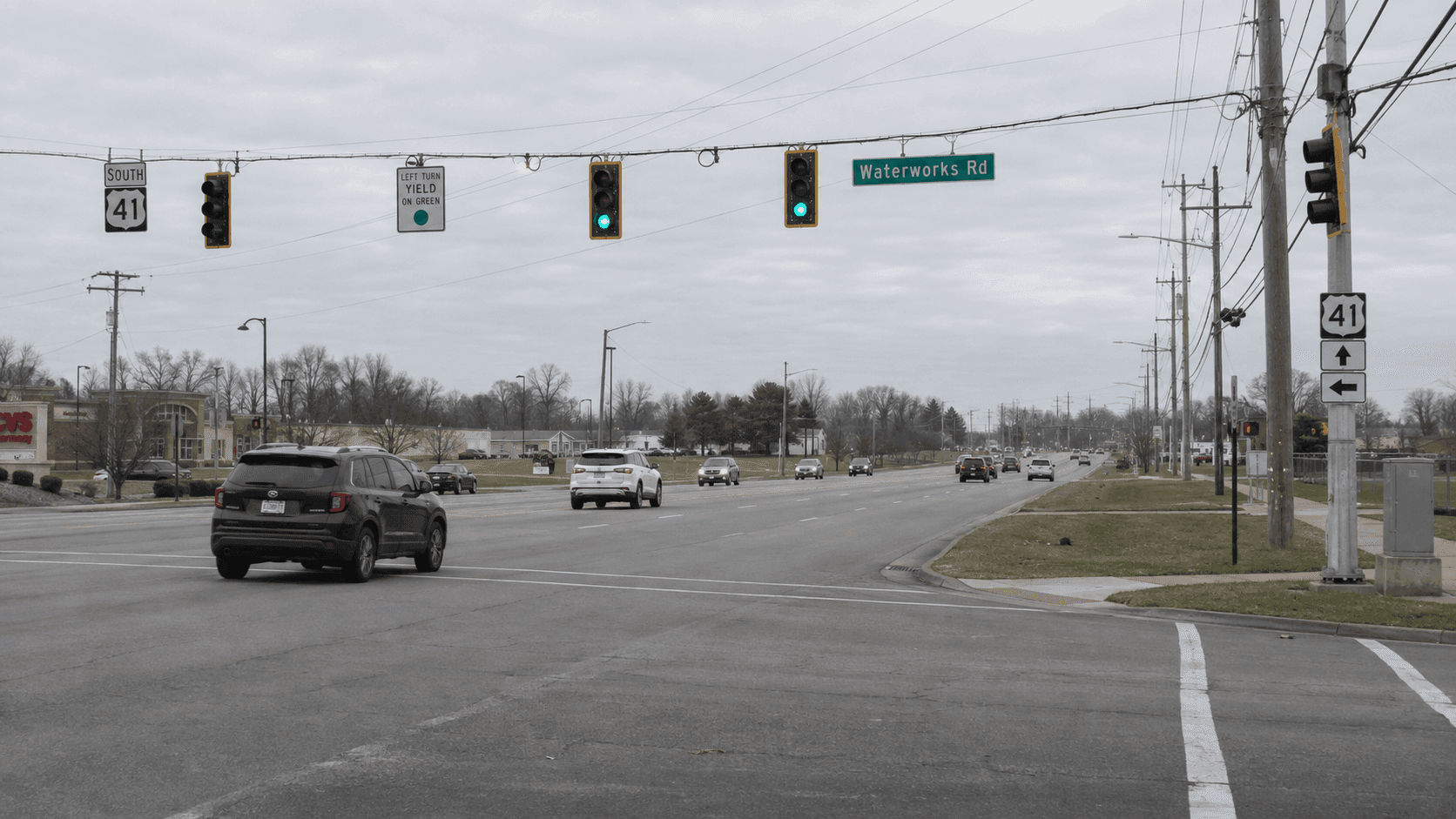 US 41 and Waterworks Road intersection in the Evansville area of Vanderburgh County, the location of the reported OWI injury crash.