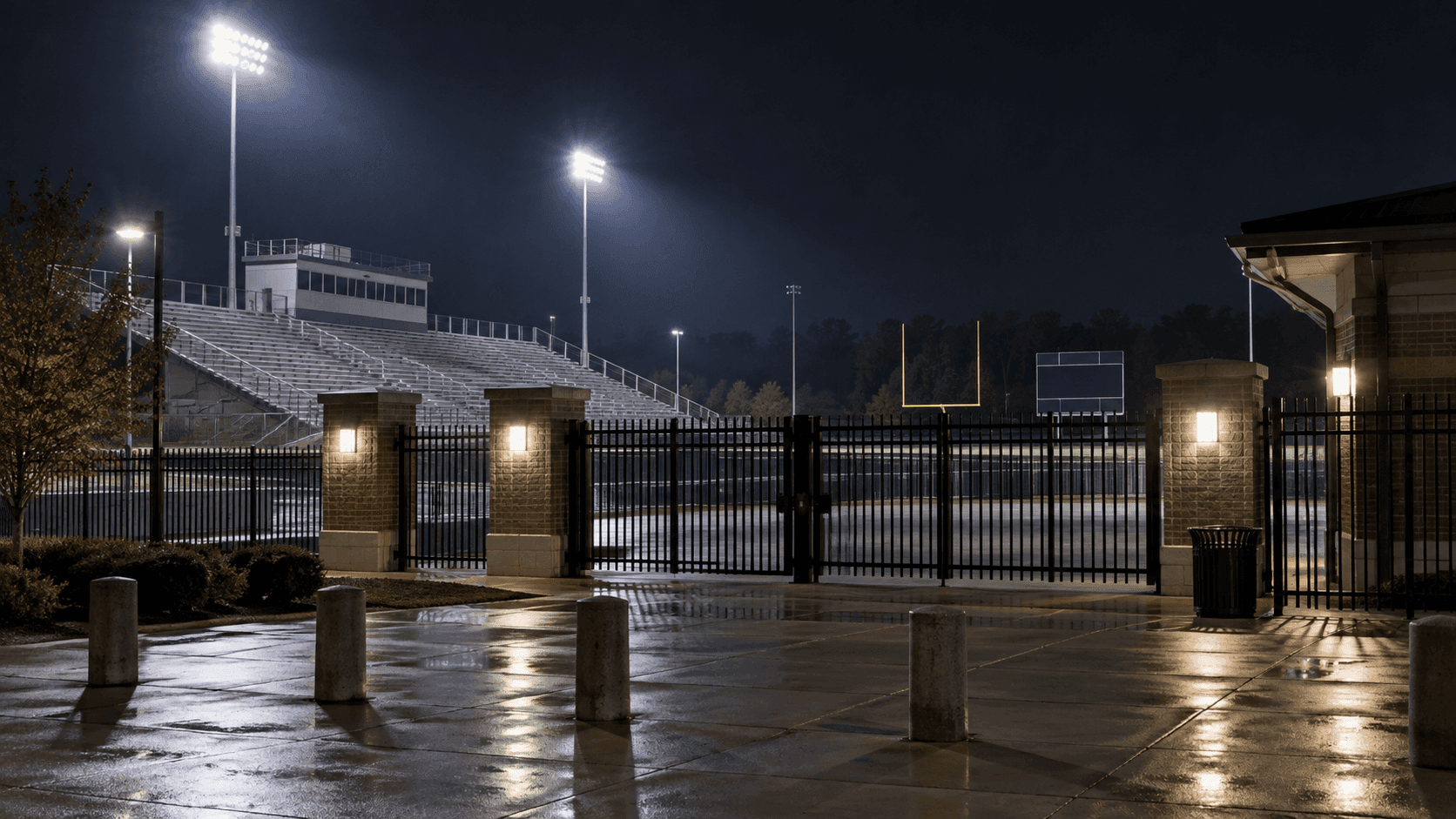 Exterior of a high school football stadium on the east side of Indianapolis, providing context for the reported post-game shooting.