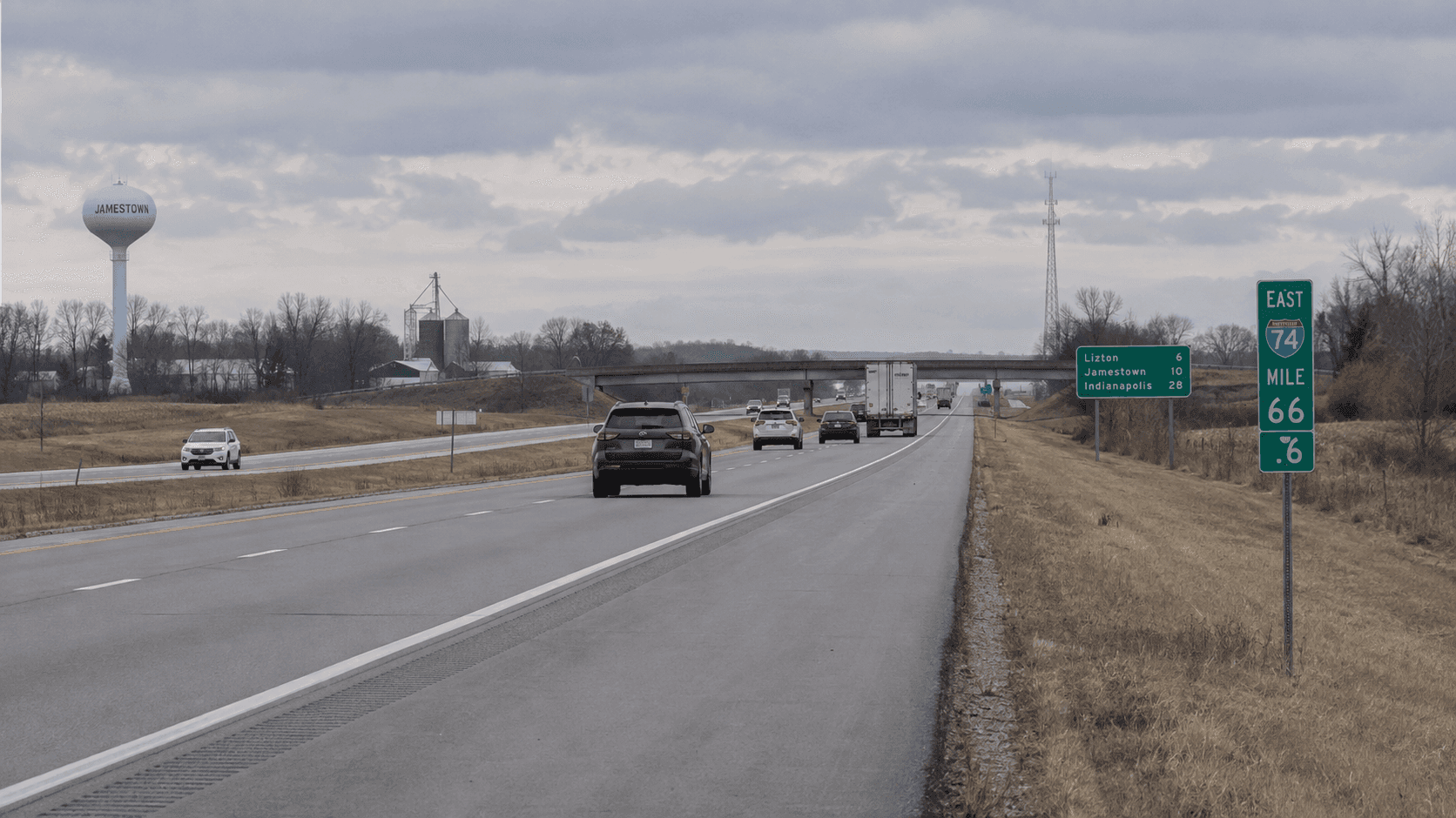 Eastbound Interstate 74 near Jamestown and Lizton, the area of a fatal semi and passenger vehicle crash reported near mile marker 55.