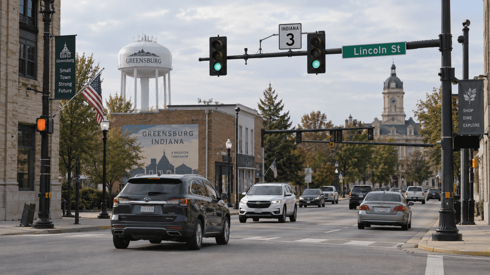 Signalized intersection at Indiana 3 and Lincoln Street in Greensburg, where an e-bike and car collision was reported.
