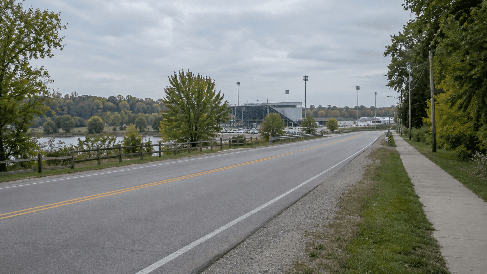 River Road near the Tippecanoe County Amphitheater in West Lafayette, where concertgoers reportedly walked after shuttle buses were overwhelmed.
