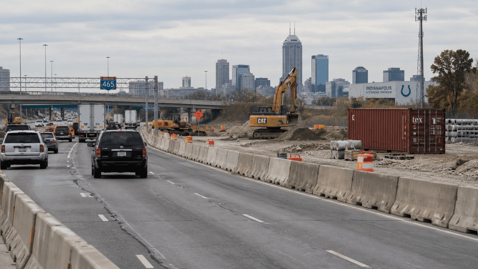 Active I-465 construction zone in Indianapolis, Marion County, providing context for a police pursuit that ended in a work-zone crash.