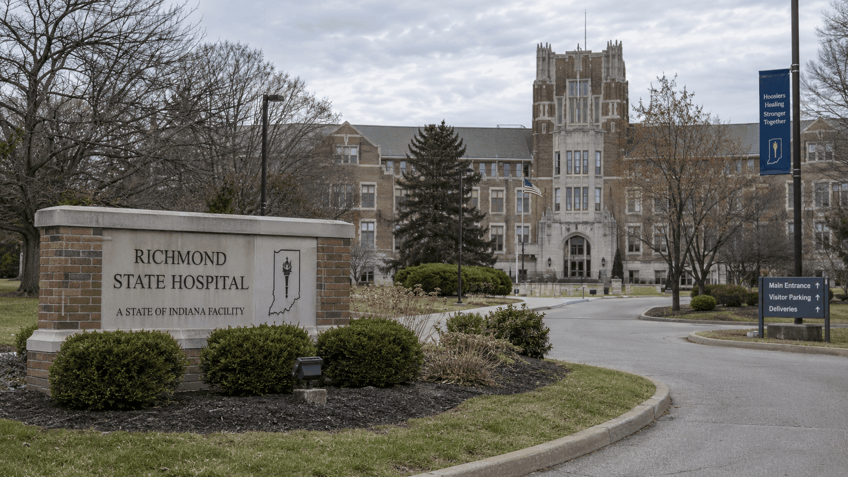 Exterior of Richmond State Hospital in Richmond, Wayne County, connected to a negligence lawsuit involving a patient's discharge.