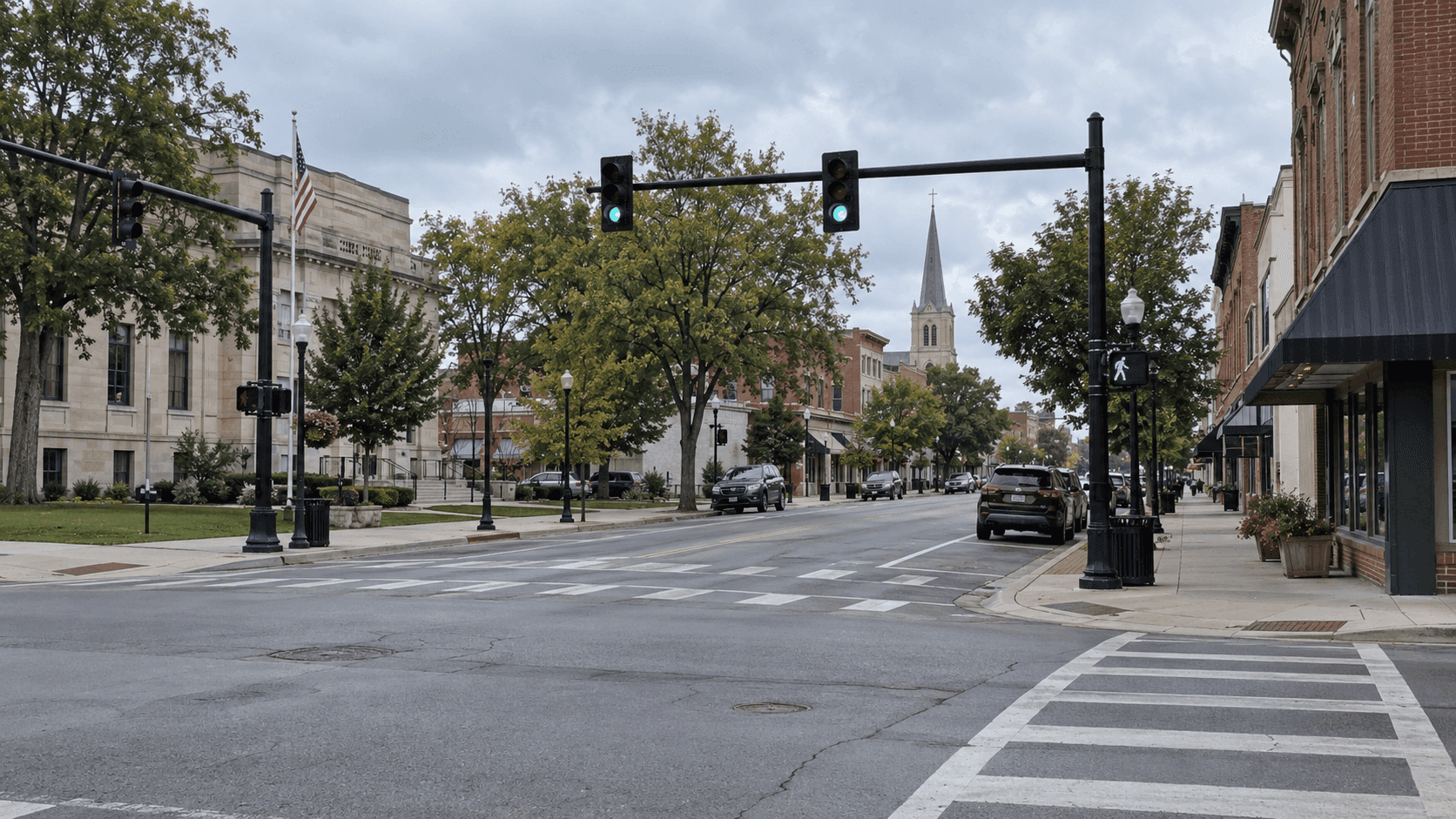 Daytime view of a Goshen, Indiana intersection representing the location of the fatal motorcycle and van crash at East Lincoln Avenue and Olive Street.