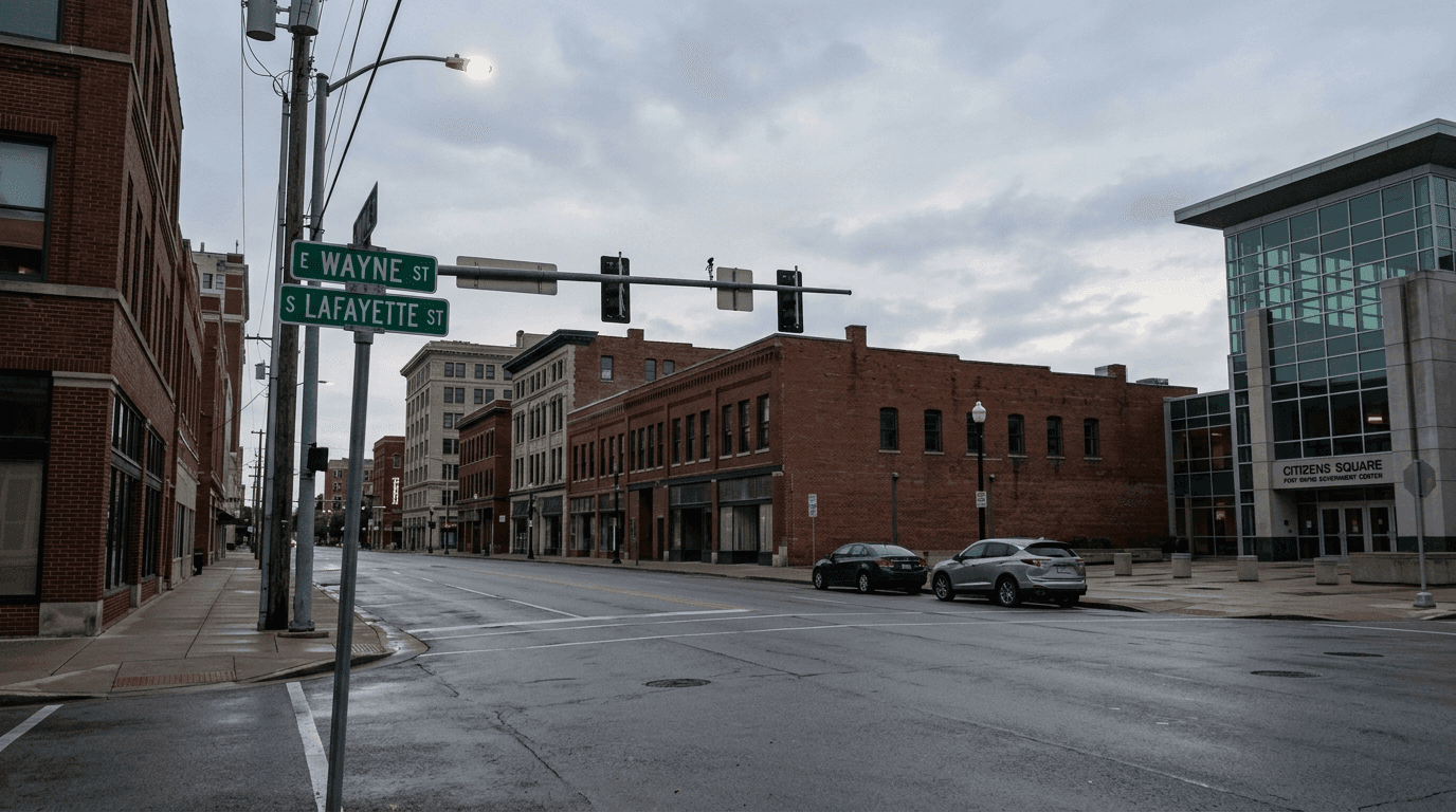 East Wayne Street and South Lafayette Street intersection in downtown Fort Wayne, where a fatal motorcycle hit-and-run involving a pedestrian was reported.
