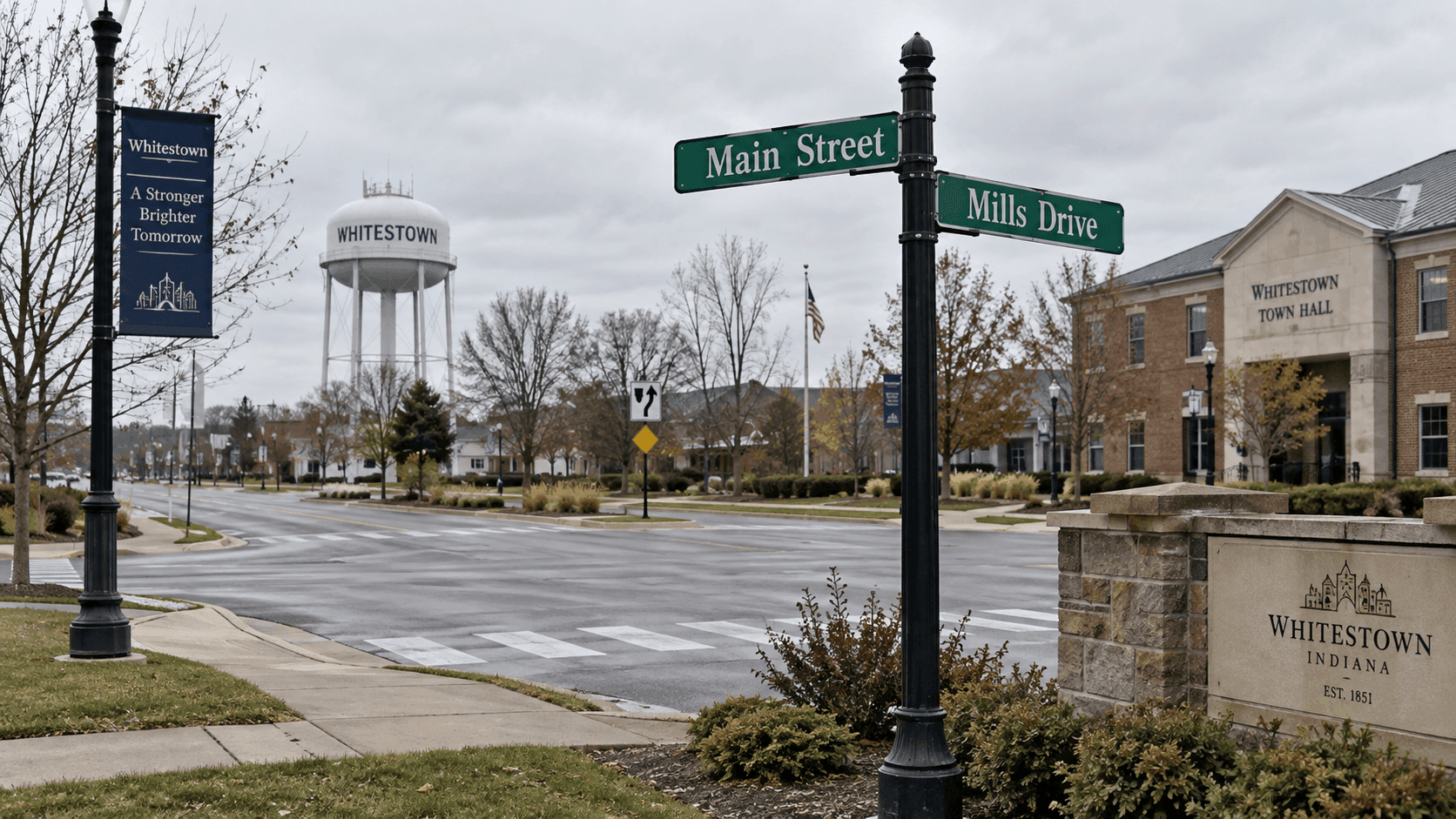 Main Street and Mills Drive intersection in Whitestown, Boone County, where a child bicycle crash was reported.