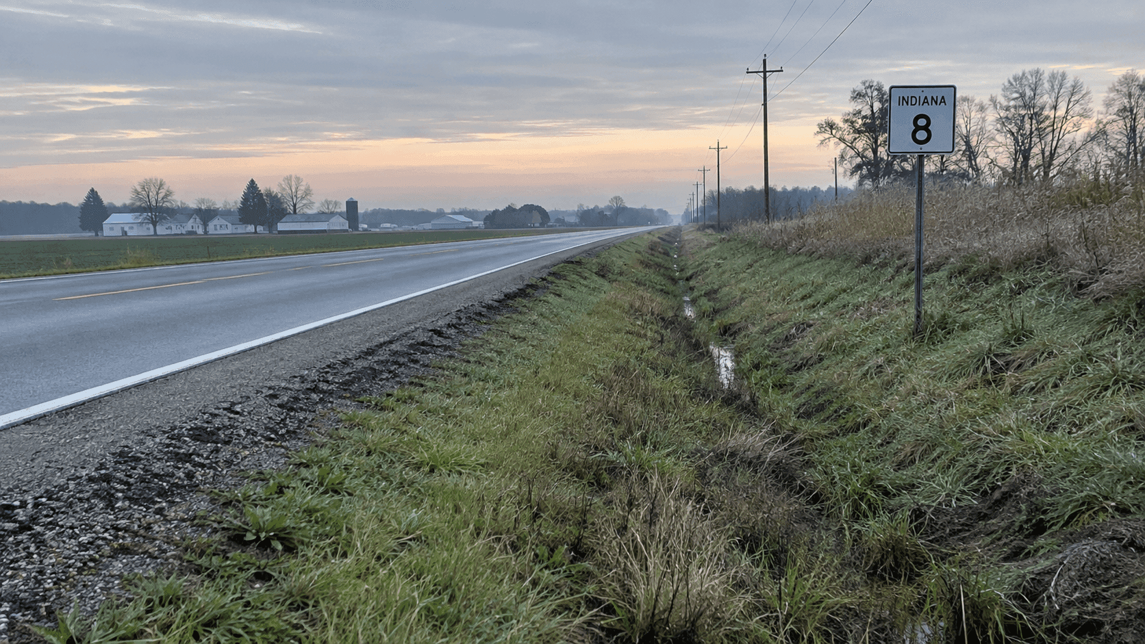 State Road 8 and a roadside embankment in rural DeKalb County, the setting of a pickup rollover that hurt three people.