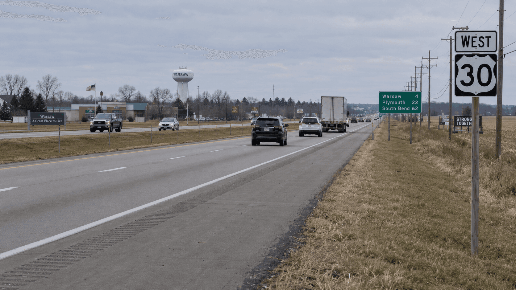 U.S. 30 near Warsaw in Kosciusko County, where a three-vehicle rear-end collision left two people with minor injuries.