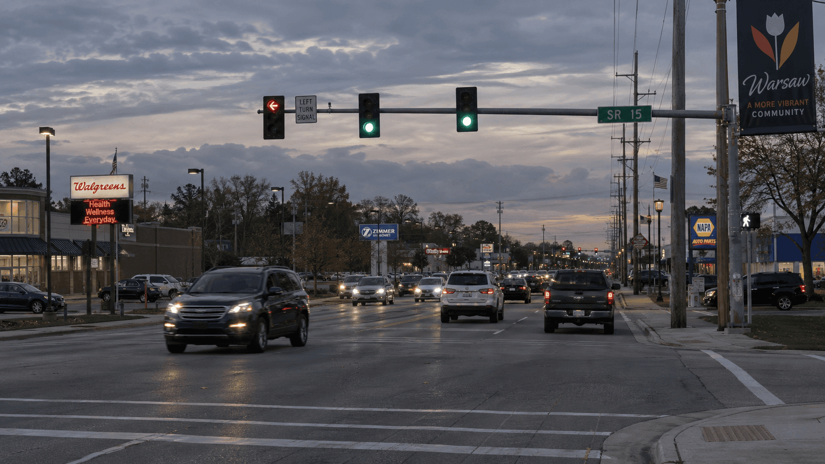 Signalized intersection in Warsaw, Indiana, representing the reported crash at State Road 15 and East Main Street.