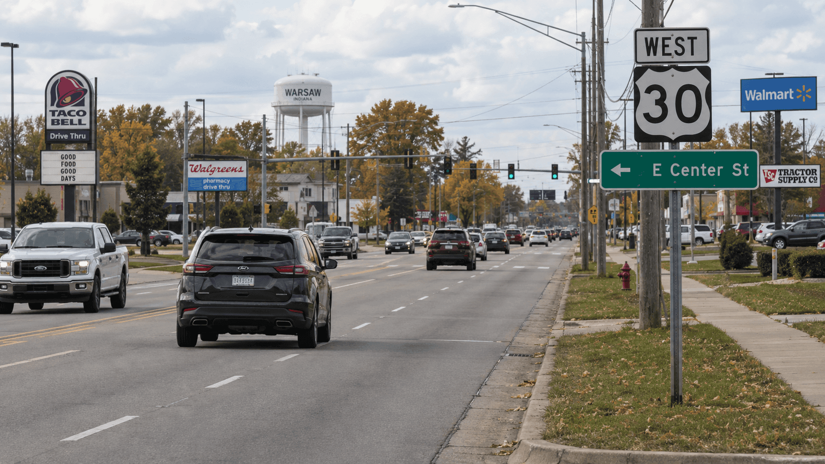 U.S. 30 cerca de East Center Street en Warsaw, Kosciusko County, donde se informó de un choque por alcance.