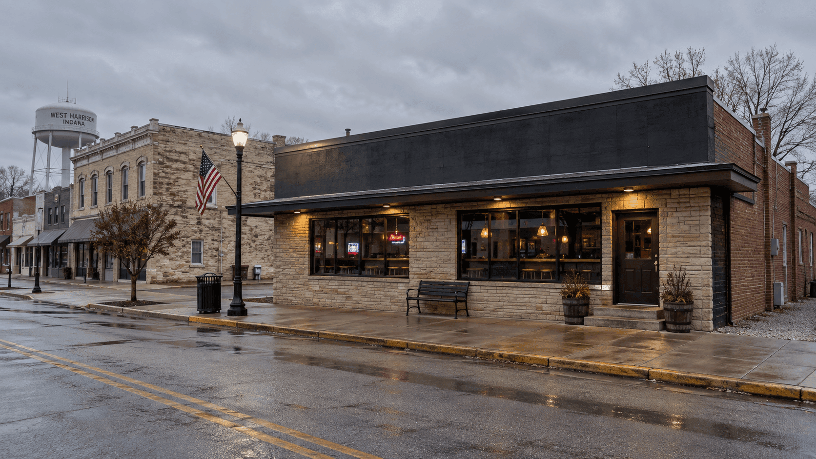 Una tranquila calle comercial de West Harrison, Dearborn County, aporta contexto a un apuñalamiento reportado en un bar que está bajo investigación.