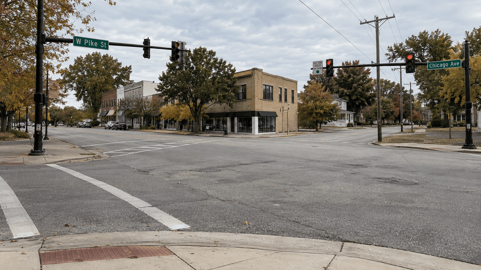 Chicago Avenue and West Pike Street intersection in Goshen, the location of a reported pedestrian crash in Elkhart County.