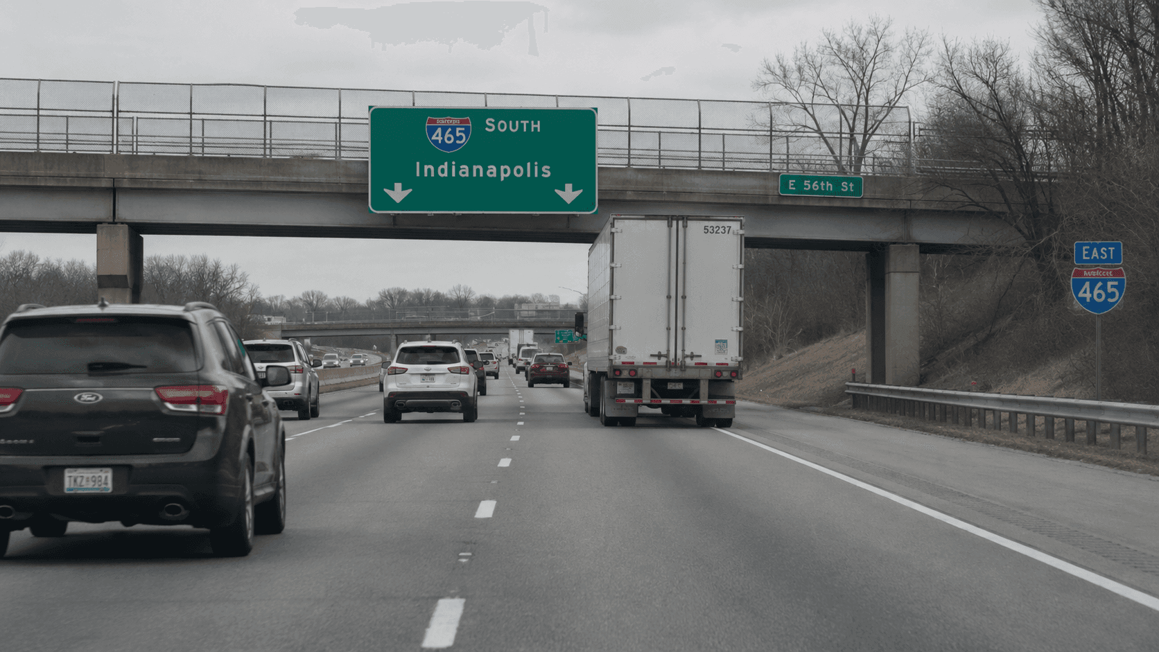 Southbound Interstate 465 near Lawrence in Marion County, where a reported road rage shooting left one person with non-life-threatening injuries.
