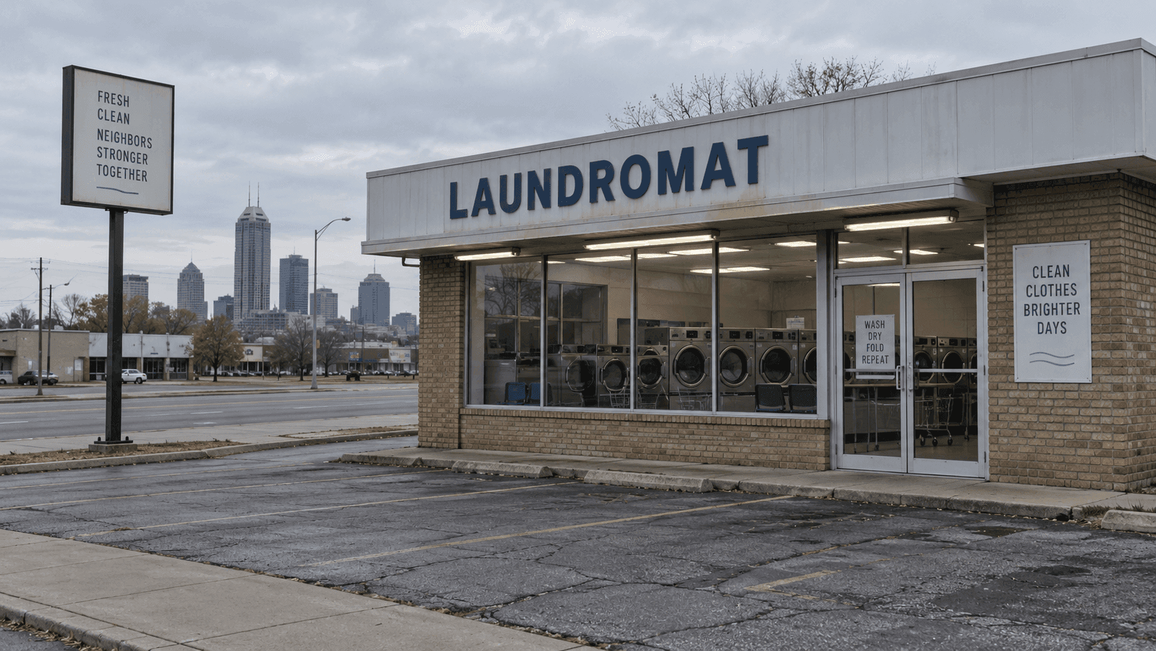 Laundromat exterior along North Mitthoefer Road in Indianapolis, where a fatal robbery shooting remains under investigation.