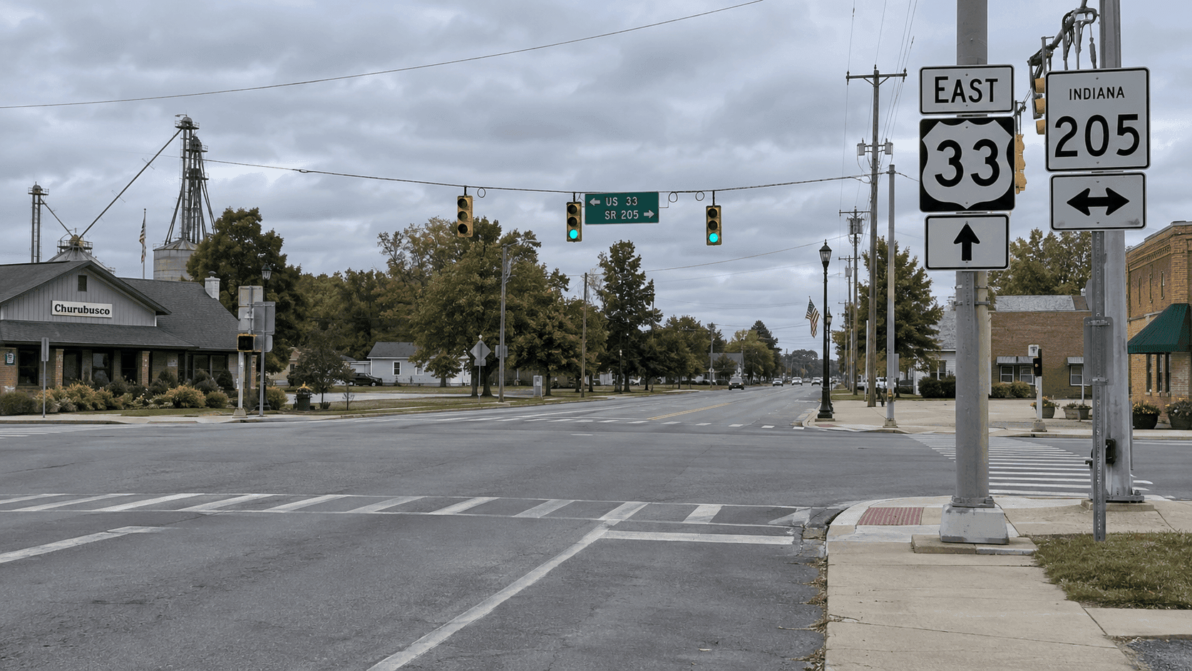 US 33 and SR 205 intersection in Churubusco, Whitley County, where a pedestrian crash led to an OWI serious-injury charge.