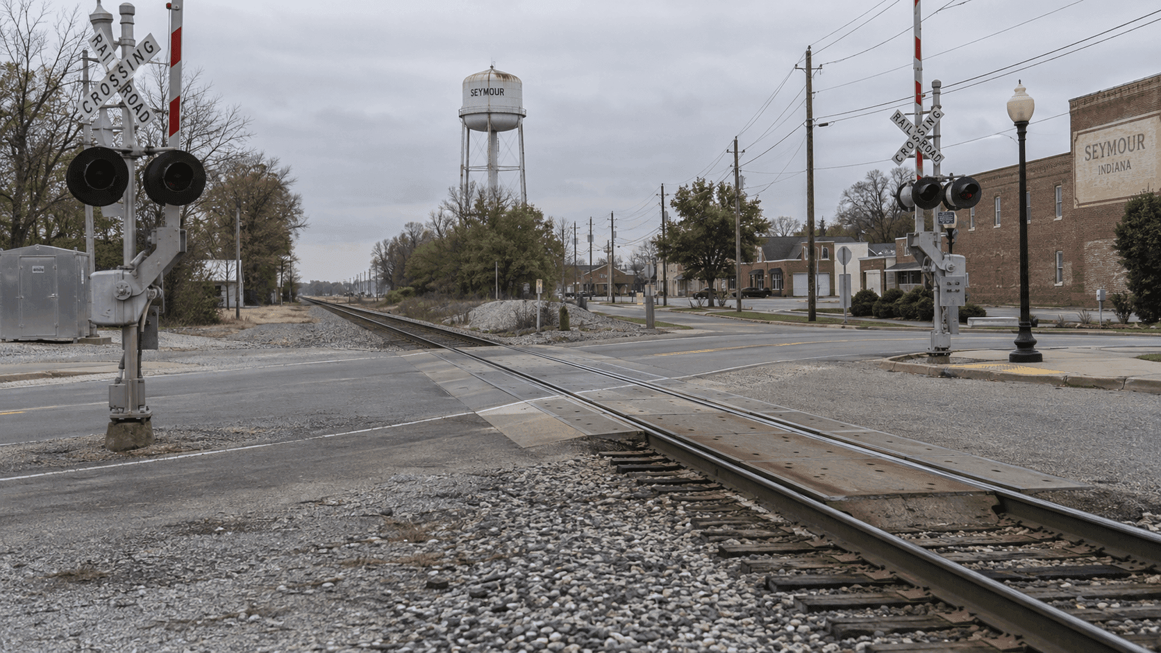 Railroad tracks near a street crossing in Seymour, Indiana, providing context for the reported fatal pedestrian train strike near Broadway Street.
